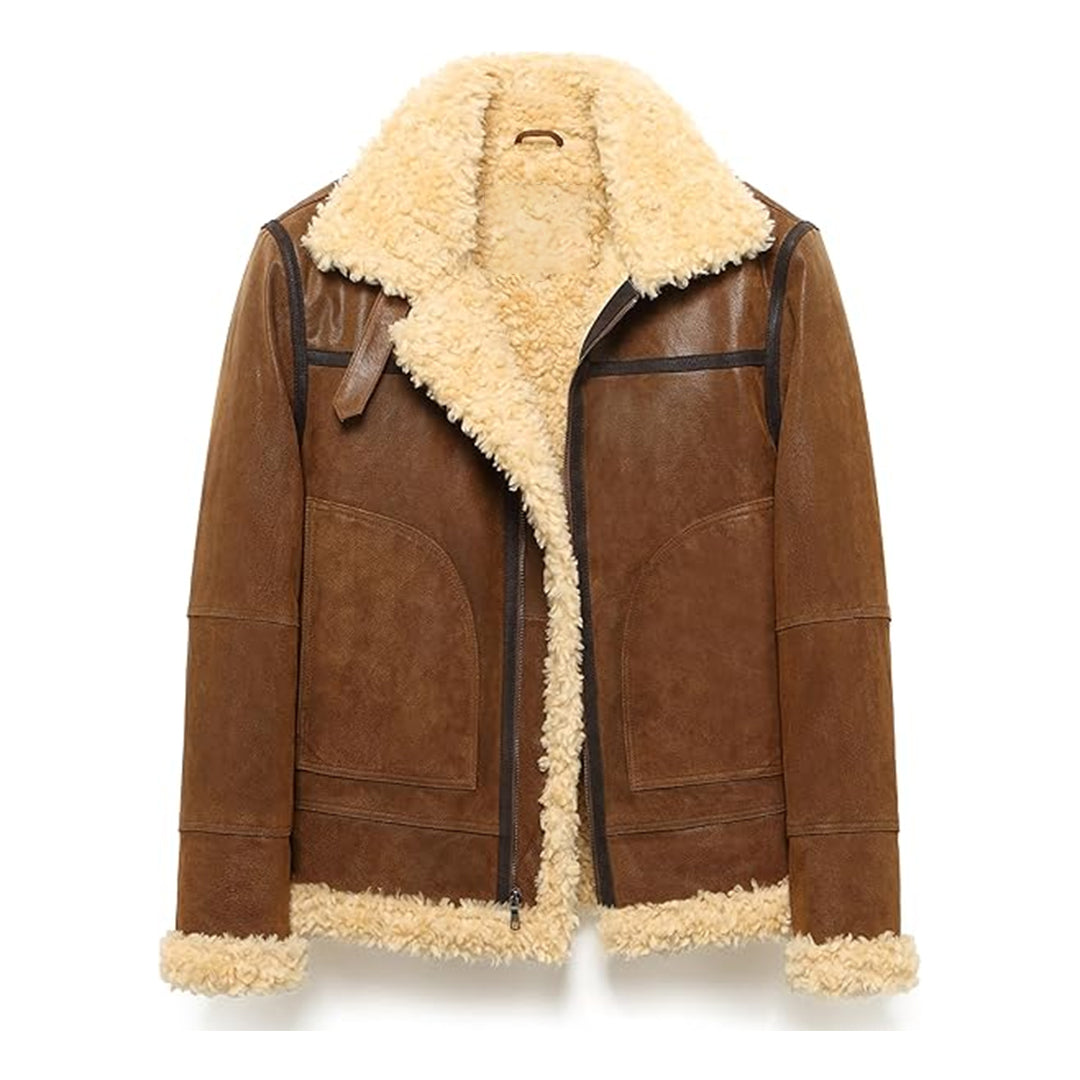 Mens Adjustable Warm Shearling Aviator Leather Jacket