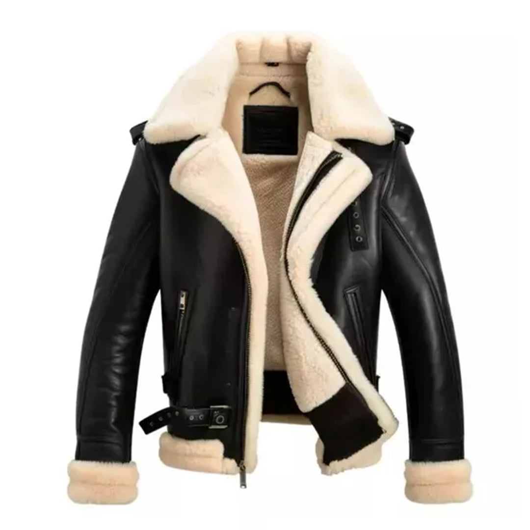 Mens Black Aviator Shearling Bomber Leather Jacket