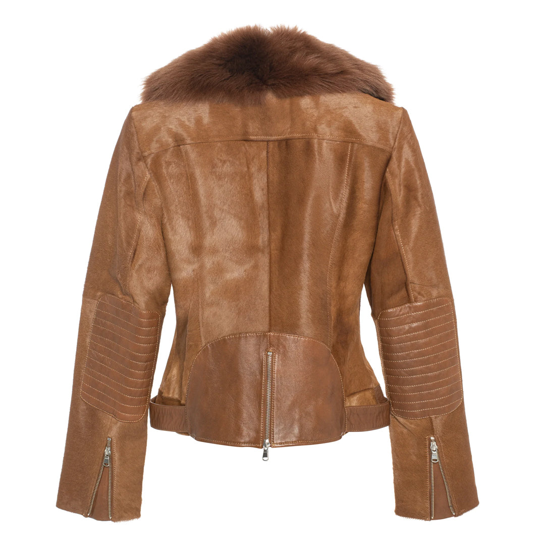 Womens Tara Calf Brown Fur Leather Jacket