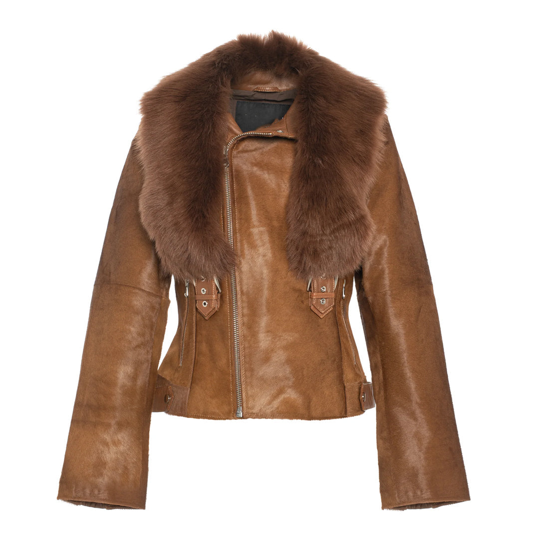 Womens Tara Calf Brown Fur Leather Jacket