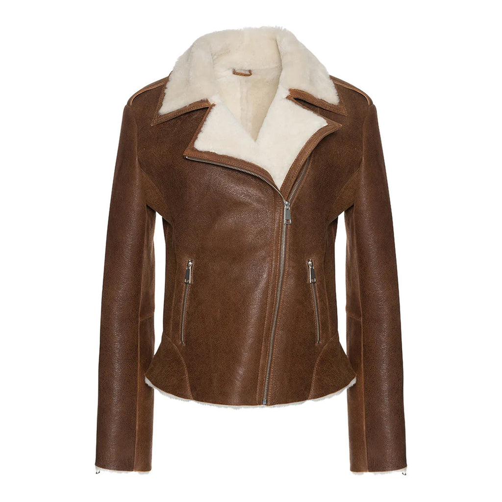 Womens Cognac Shearling Straight Moto Jacket
