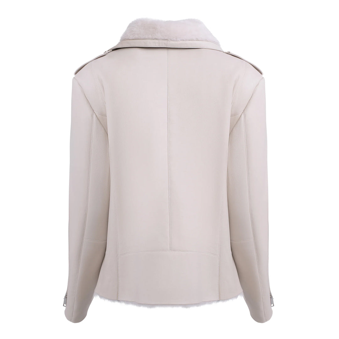 Womens White Shearling Straight Moto Jacket