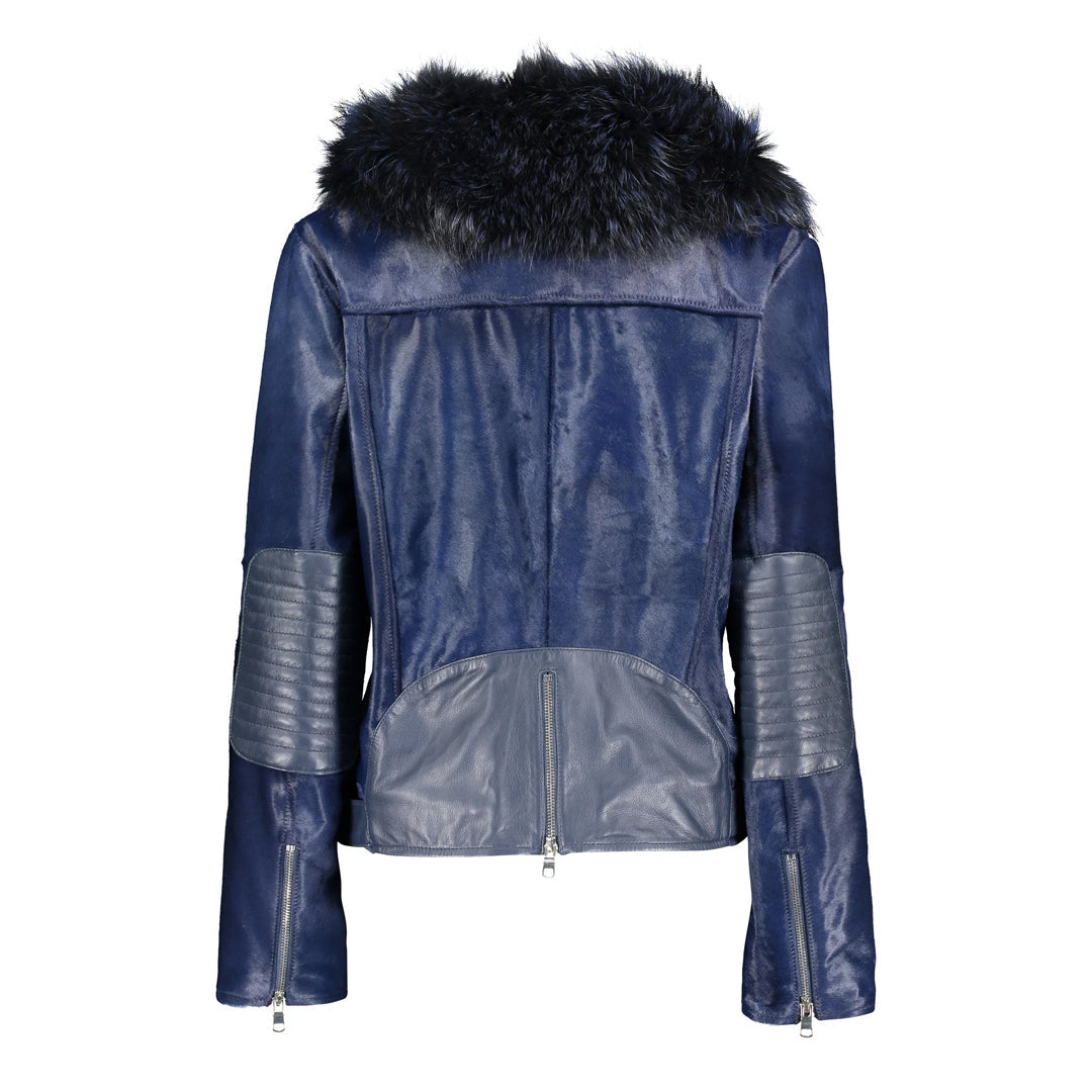 Womens Tara Calf Blue Fur Blue Leather Jacket
