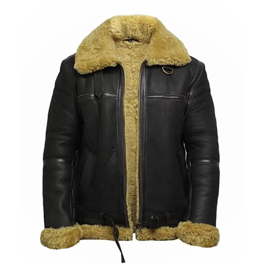 Mens Real Shearling Bomber Black Leather Jacket