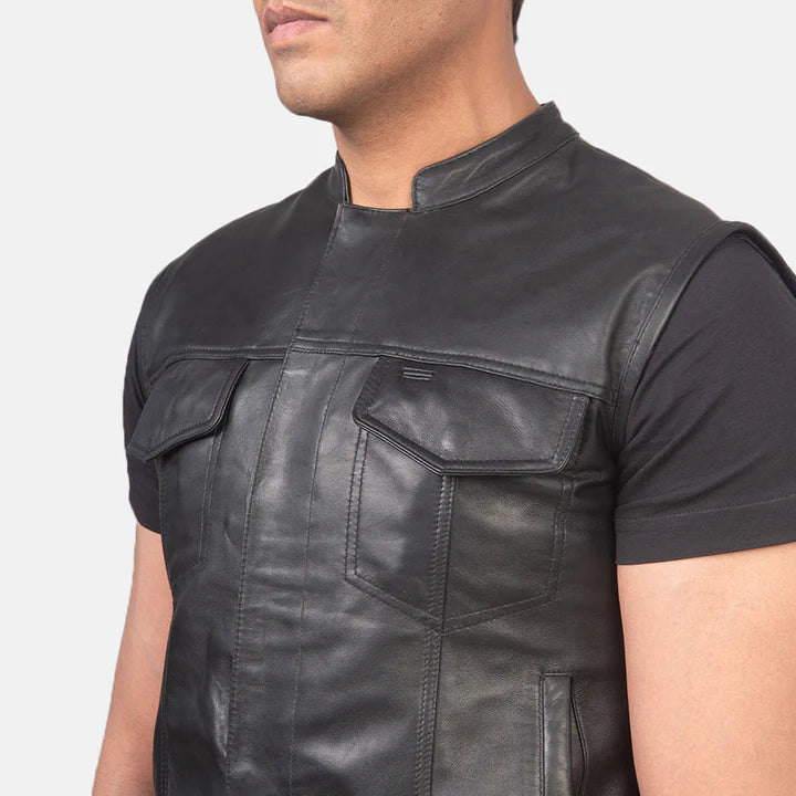 Atlas Moto Black Leather Vest For Mens