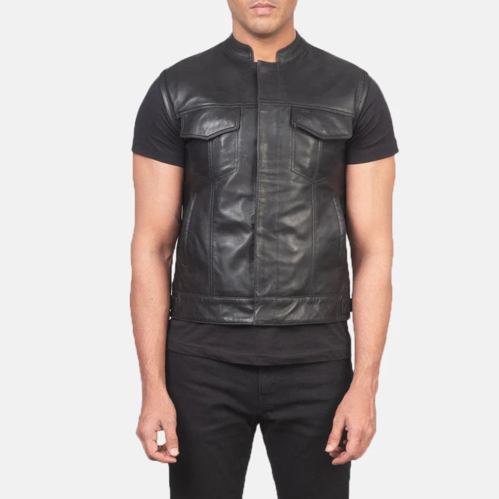 Atlas Moto Black Leather Vest For Mens