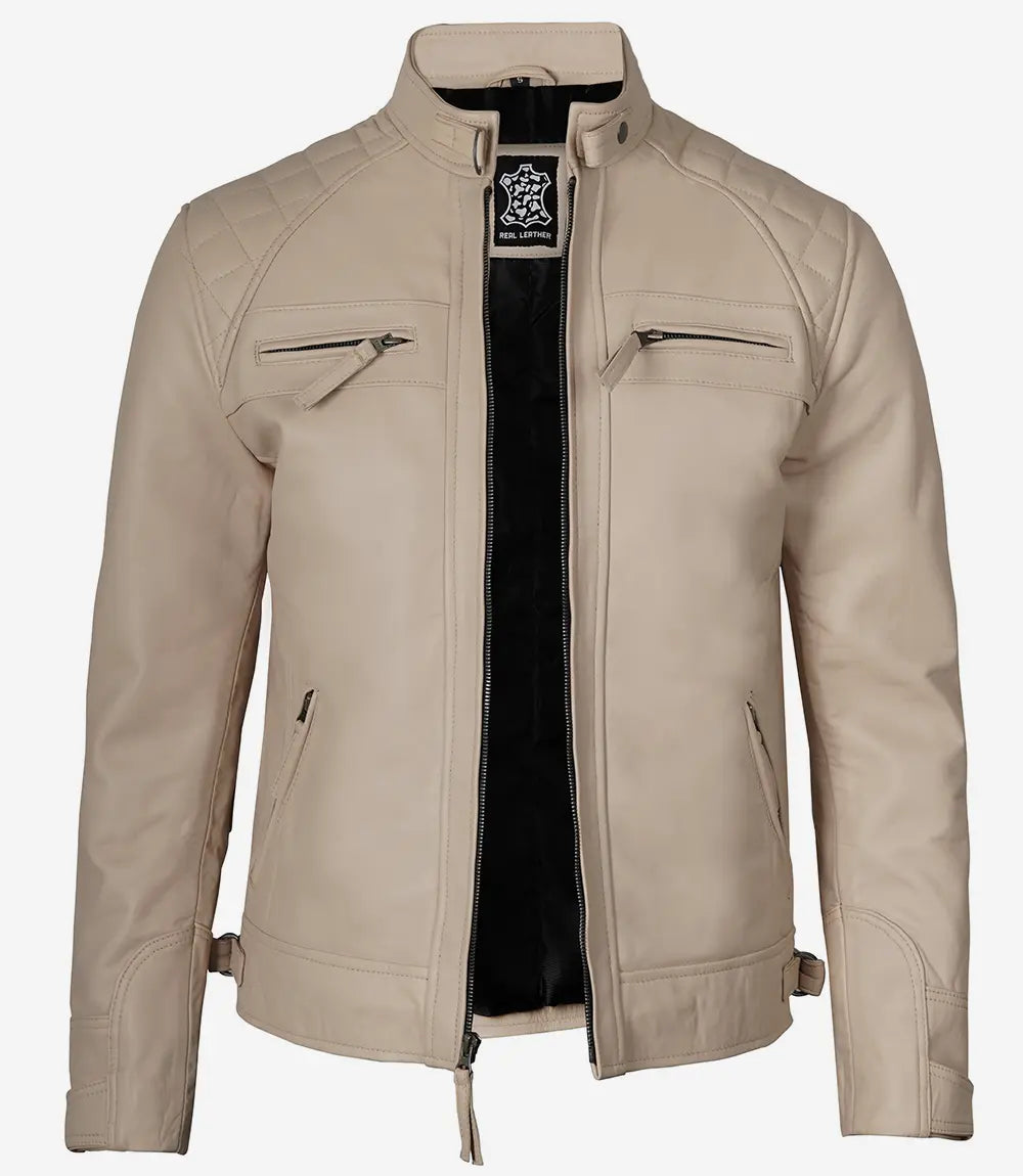 Mens Stylish Beige Cafe Racer Leather Jacket Quilted Design