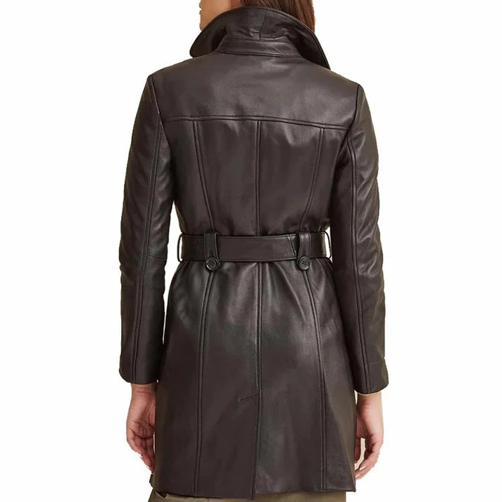 Women Brown Leather Belted Trench Coat