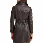 Women Brown Leather Belted Trench Coat