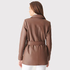 Women Brown Belted Real Leather Coat