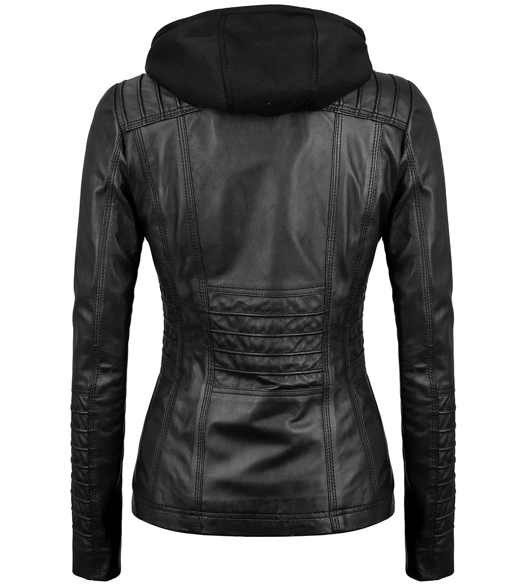 Women Black Detachable Hood Leather Jacket