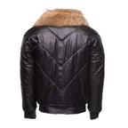 Mens Black Bomber Puffer Leather Jacket Fur Collar