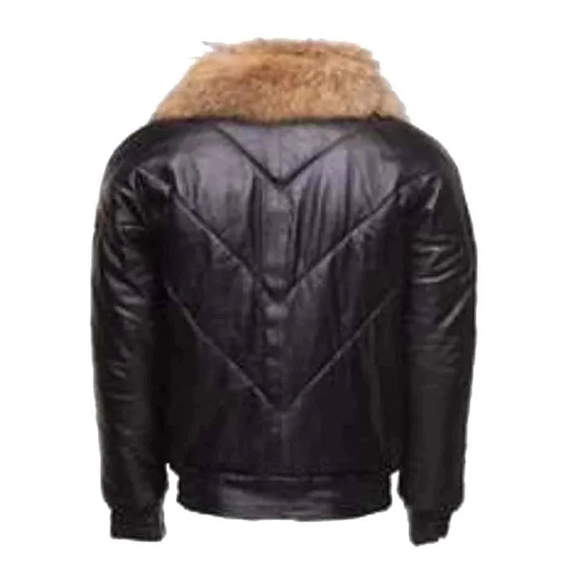 Mens Black Bomber Puffer Leather Jacket Fur Collar