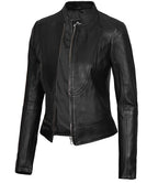 Women Black Cafe Racer Leather Jacket