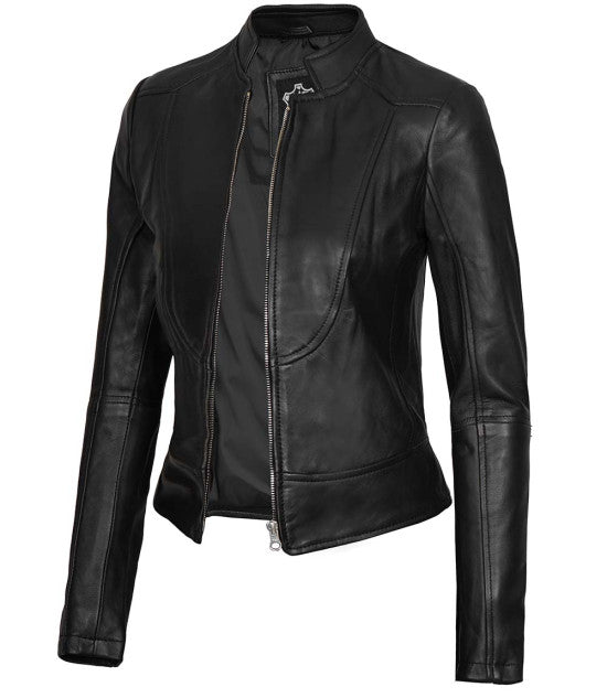 Women Black Cafe Racer Leather Jacket