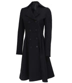 Womens Black Double Breasted Wool Trench Coat