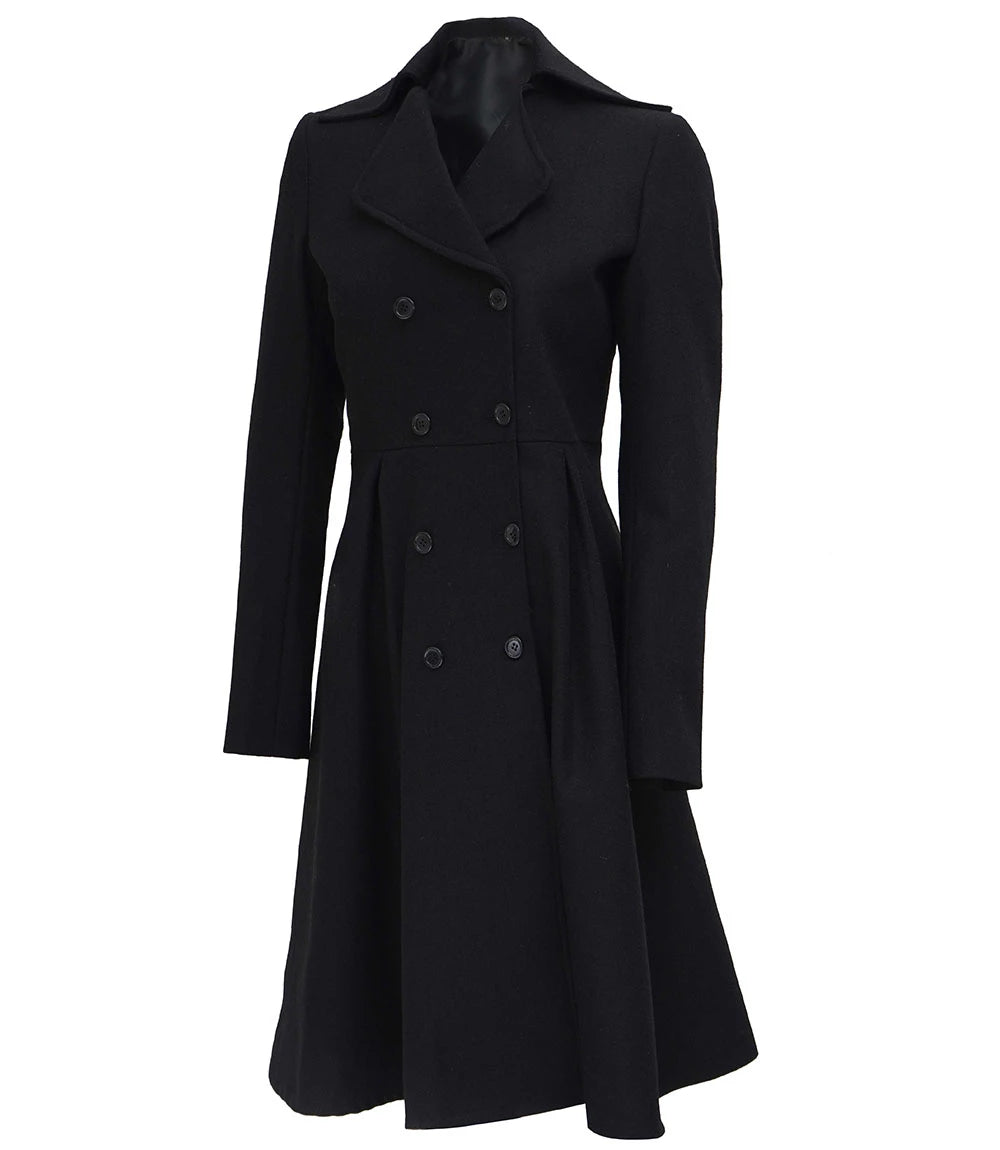 Womens Black Double Breasted Wool Trench Coat