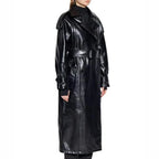 Women Genuine Leather Black Trench Coat