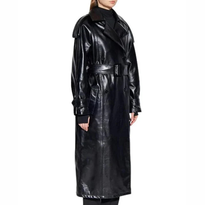 Women Genuine Leather Black Trench Coat