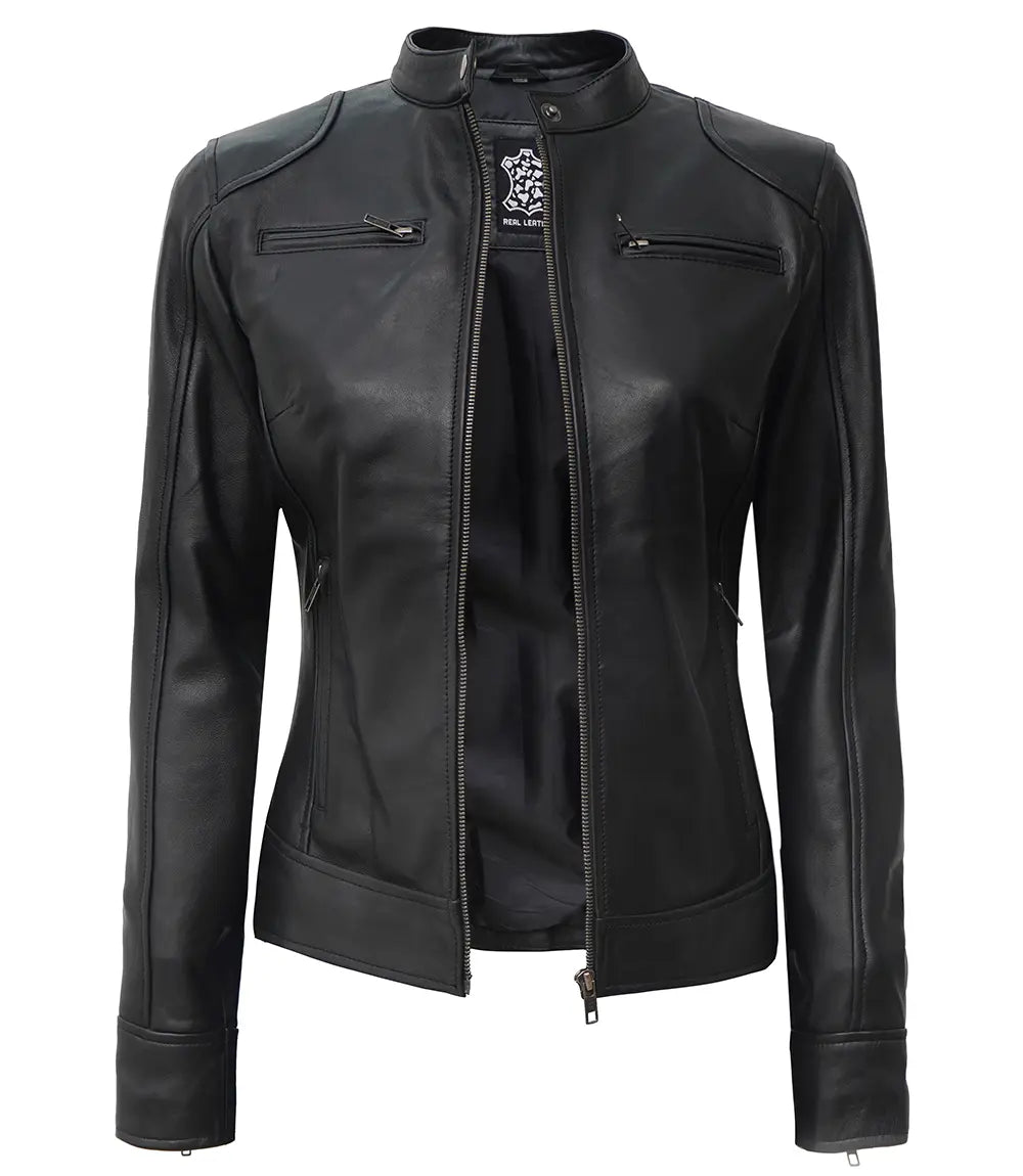 Womens Black Lambskin Motorcycle Jacket Dodge Edition