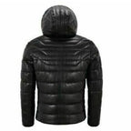 Men Genuine Lambskin Leather Puffer Hooded Black Jacket