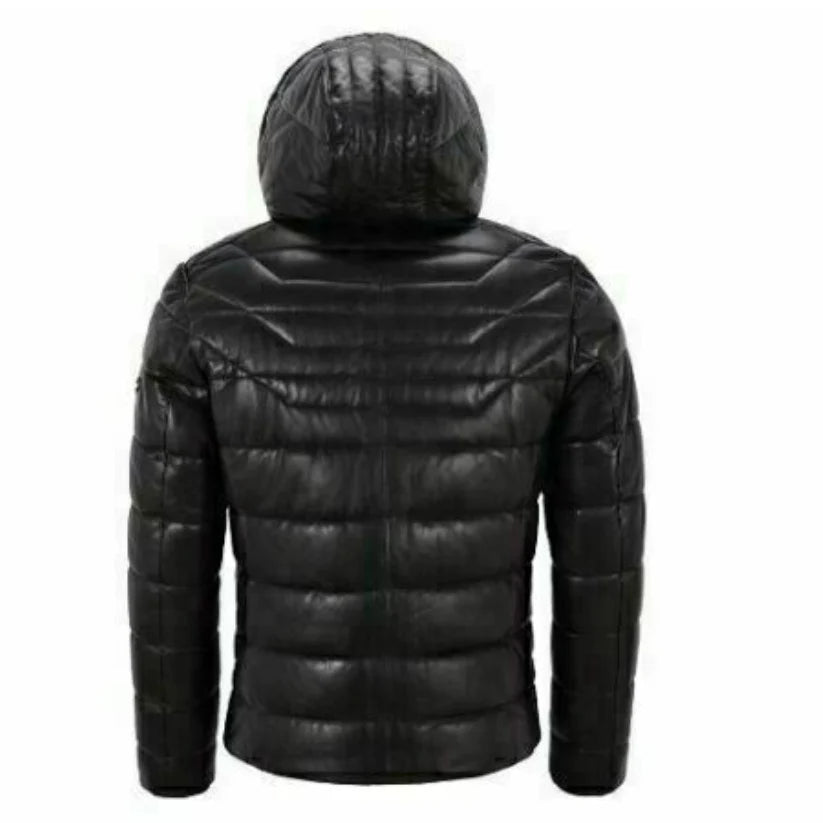 Men Genuine Lambskin Leather Puffer Hooded Black Jacket