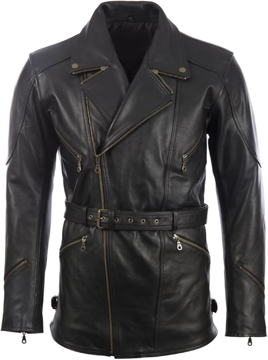 Mens Black Leather Belted Motorcycle Coat