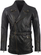 Mens Black Leather Belted Motorcycle Coat