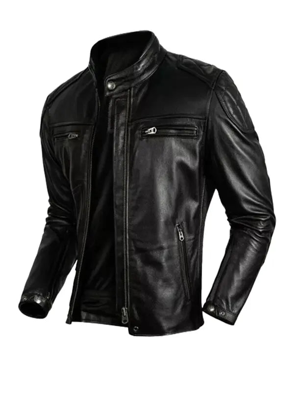 Mens Casual Black Leather Cafe Racer Jacket