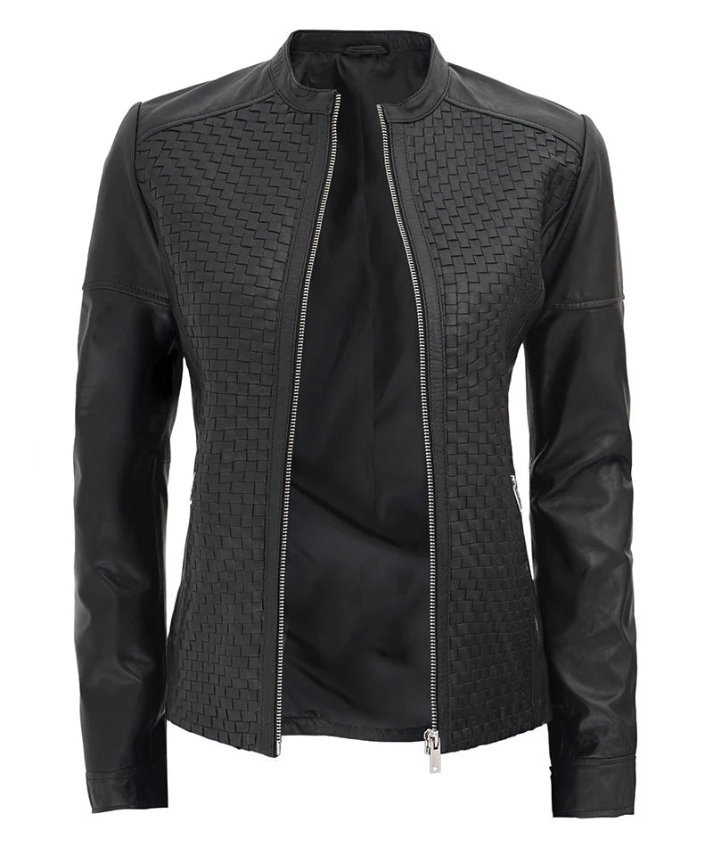 Womens Black Textured Leather Cafe Racer Jacket