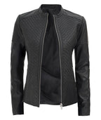 Womens Black Textured Leather Cafe Racer Jacket