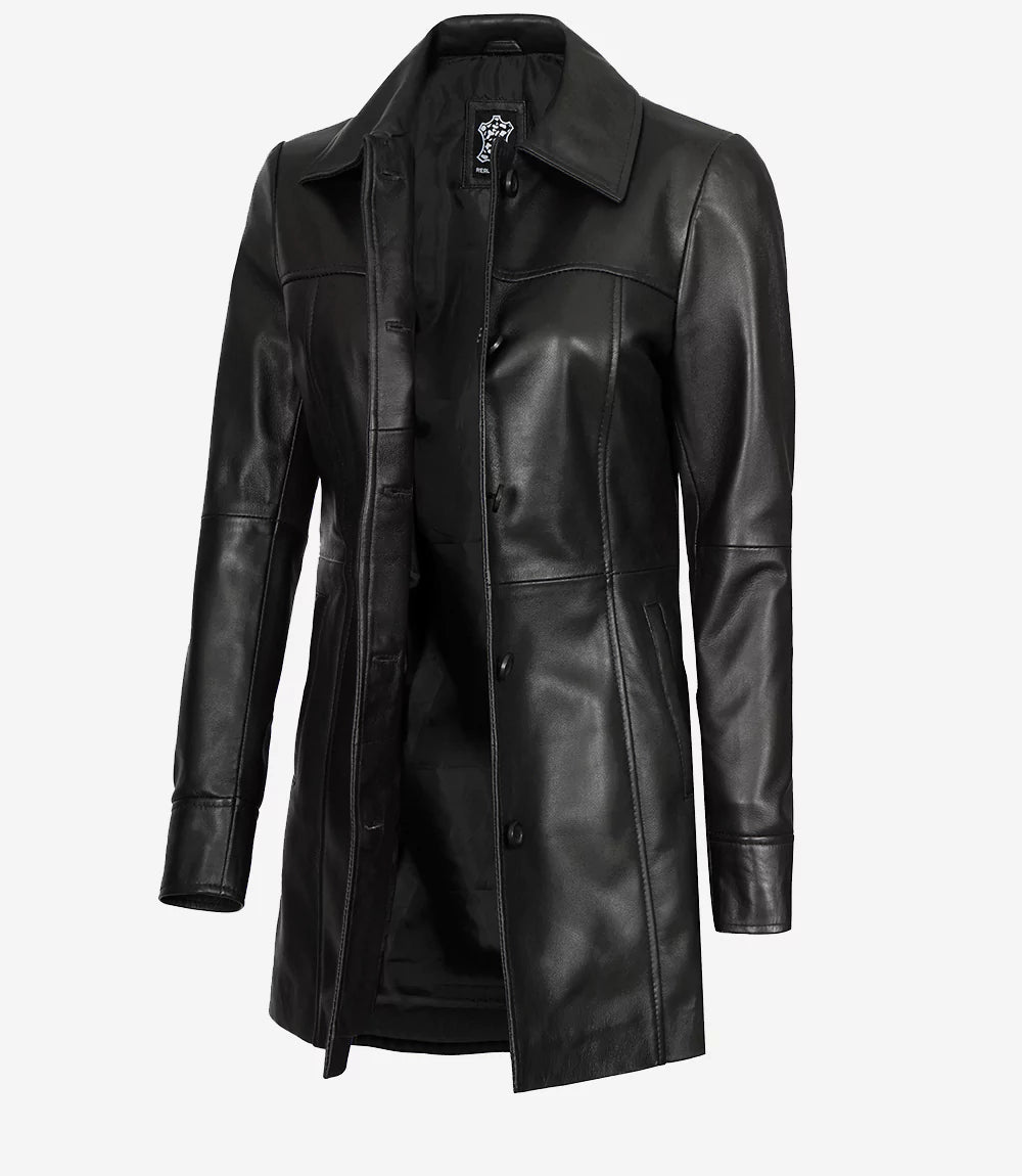 Womens Leather Black Coat - 3/4 Length