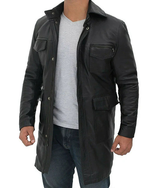 Mens Four Pocket Black Leather Trench Coat