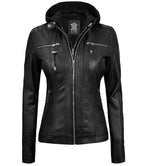 Women Black Detachable Hood Leather Jacket