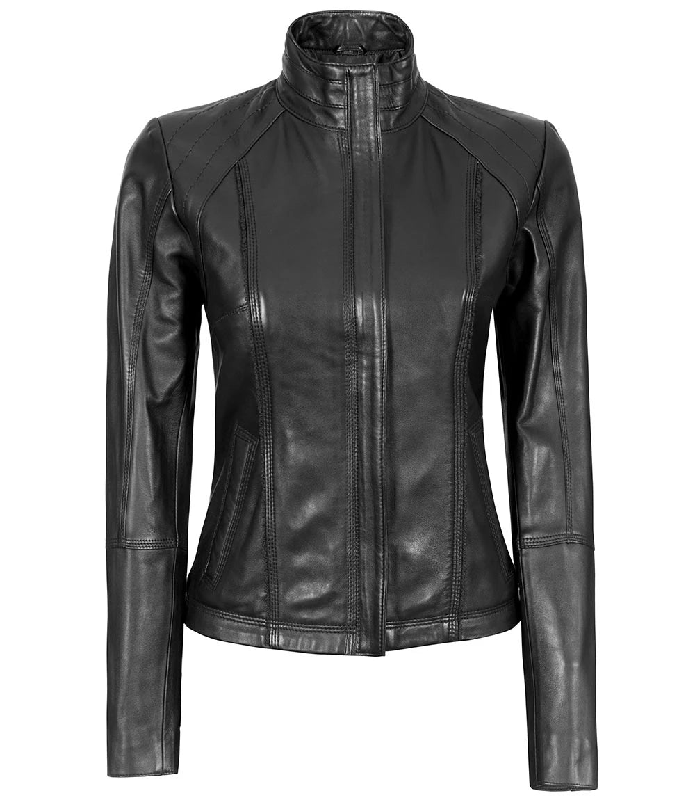 Black Leather Cafe Racer Motorcycle Jacket For Women