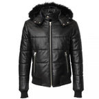 BLack Leather Winter Puffer Jacket Hood and Fur