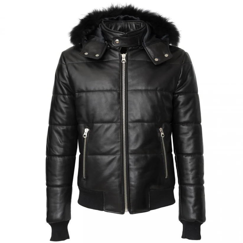 BLack Leather Winter Puffer Jacket Hood and Fur