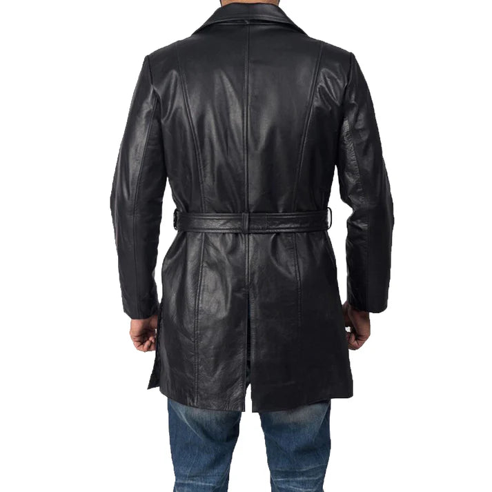 Men Black Leather Trench Coat