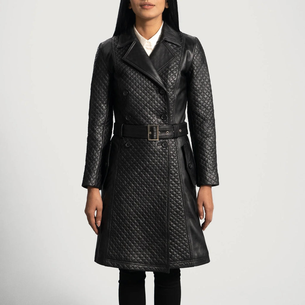 Womens Black Leather Quilted Trench Coat