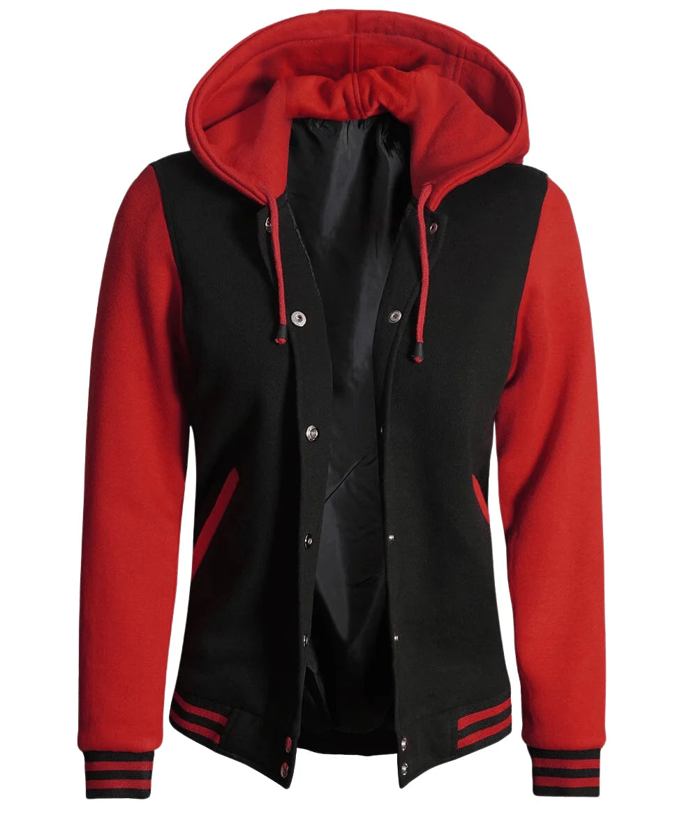 Womens Black And Red Hooded Baseball Varsity Jacket