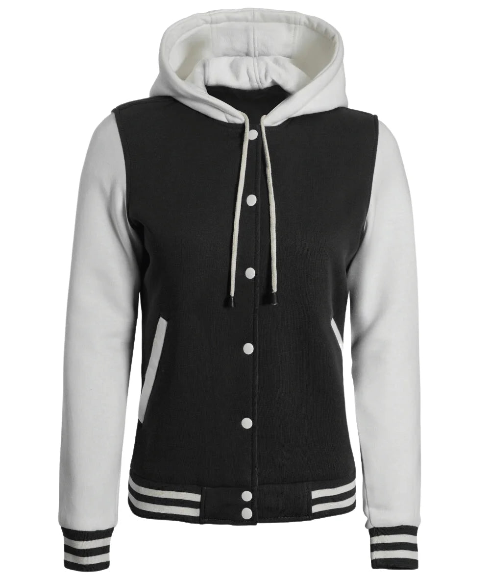 Womens Black And White Letterman Hooded Varsity Jacket