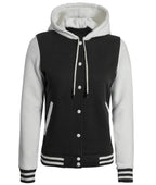 Womens Black And White Letterman Hooded Varsity Jacket