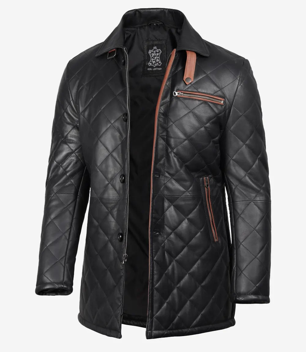 Mens Black Leather Coat - Brown Detailing