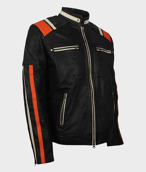 Mens Cafe Racer Striped Black Retro Biker Jacket