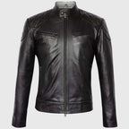 Black Quilted Cafe Racer Biker Leather Jacket