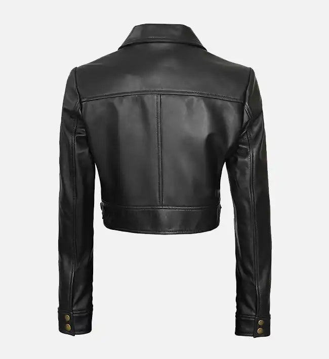 Women Cropped Black Leather Trucker Jacket