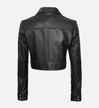 Women Cropped Black Leather Trucker Jacket
