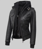 Women Tall Black Hooded Bomber Leather Jacket
