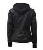 Women Tall Black Leather Jacket With Removable Hood