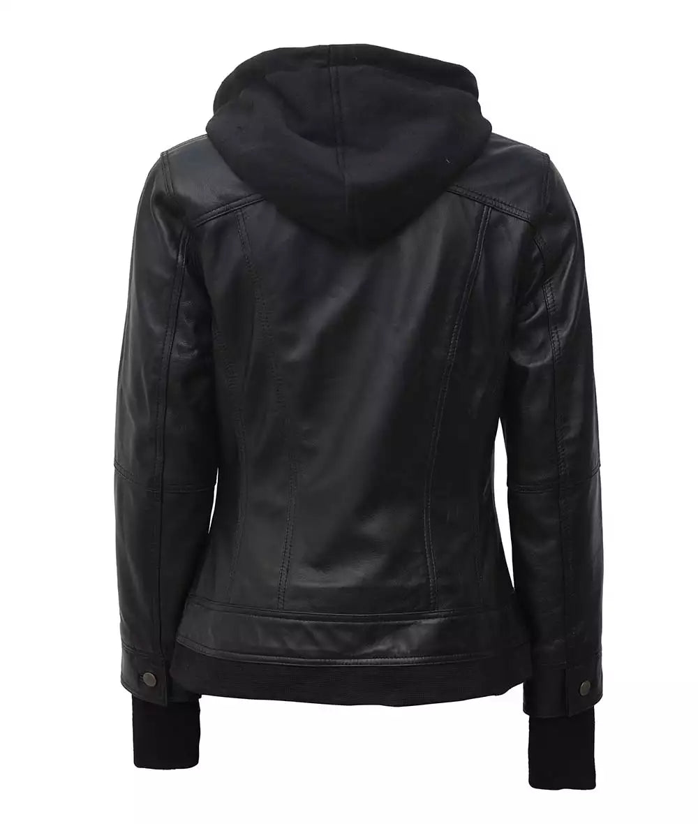Women Tall Black Leather Jacket With Removable Hood